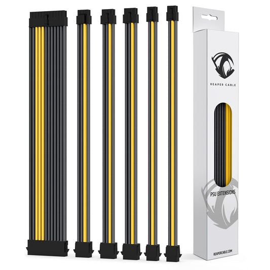 Sleeved PSU Extension Set - Power Supply Extensions - 1X 24 Pin/ 2X 8 Pin/ 2X 6 Pin/ 1X 4+4 Pin - with Combs - 30Cm (Carbon & Yellow)