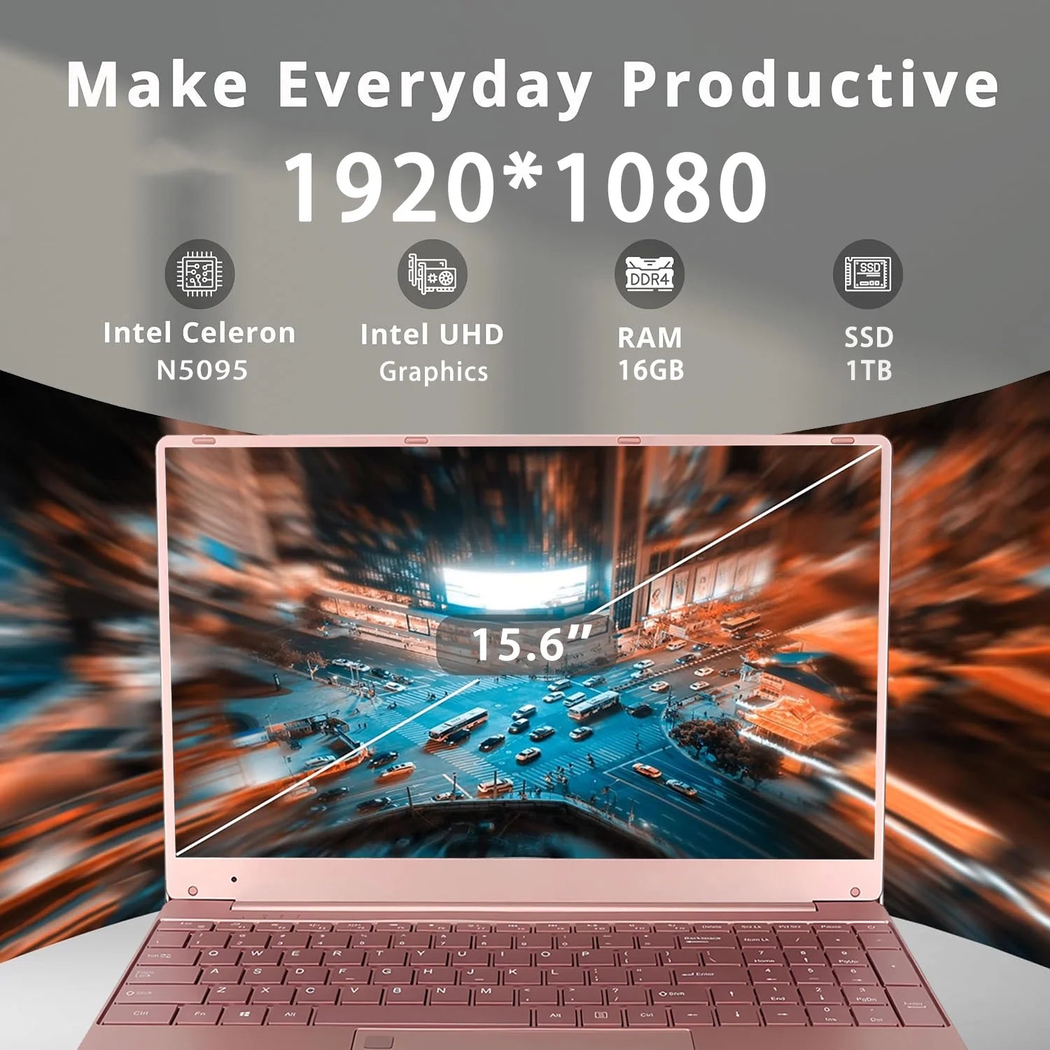 15.6" Pink Laptop Windows 11 Pro Office 2024 Intel Celeron ADL-N5095, 16GB RAM, 1TB SSD, Ultra-Thin and Lightweight Student Notebook PC Computer for Work, Backlit Keyboard, Wifi 5, BT 5.0