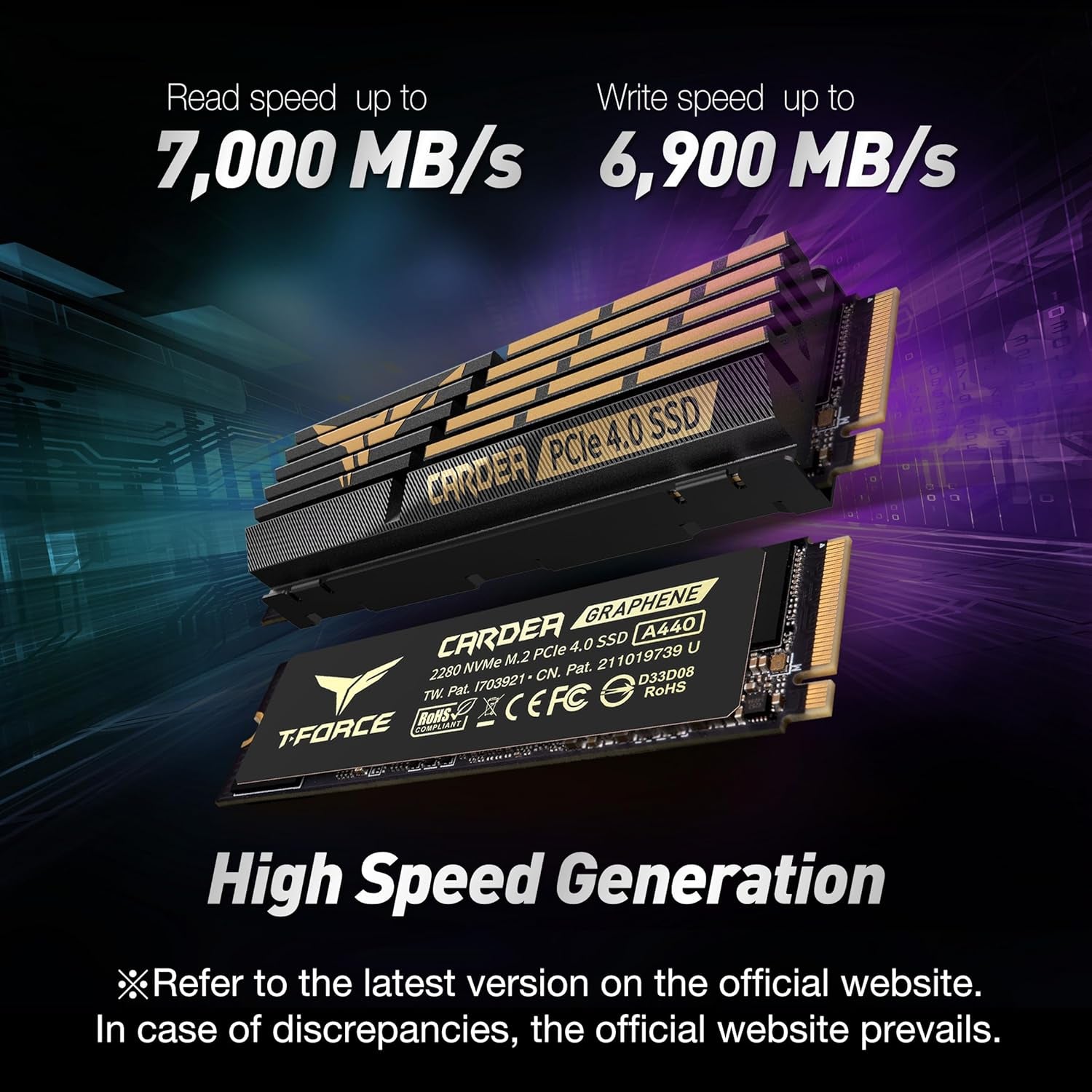 T-FORCE A440 Aluminum Heatsink 2TB DRAM SLC Cache 3D NAND TLC Nvme Pcie Gen4X4 M.2 2280 Internal SSD R/W 7000/6900 Mb/S TM8FPZ002T0C327