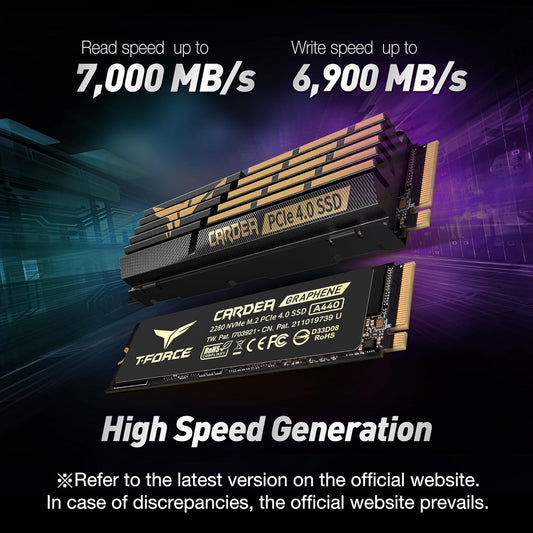 T-FORCE A440 Aluminum Heatsink 2TB DRAM SLC Cache 3D NAND TLC Nvme Pcie Gen4X4 M.2 2280 Internal SSD R/W 7000/6900 Mb/S TM8FPZ002T0C327