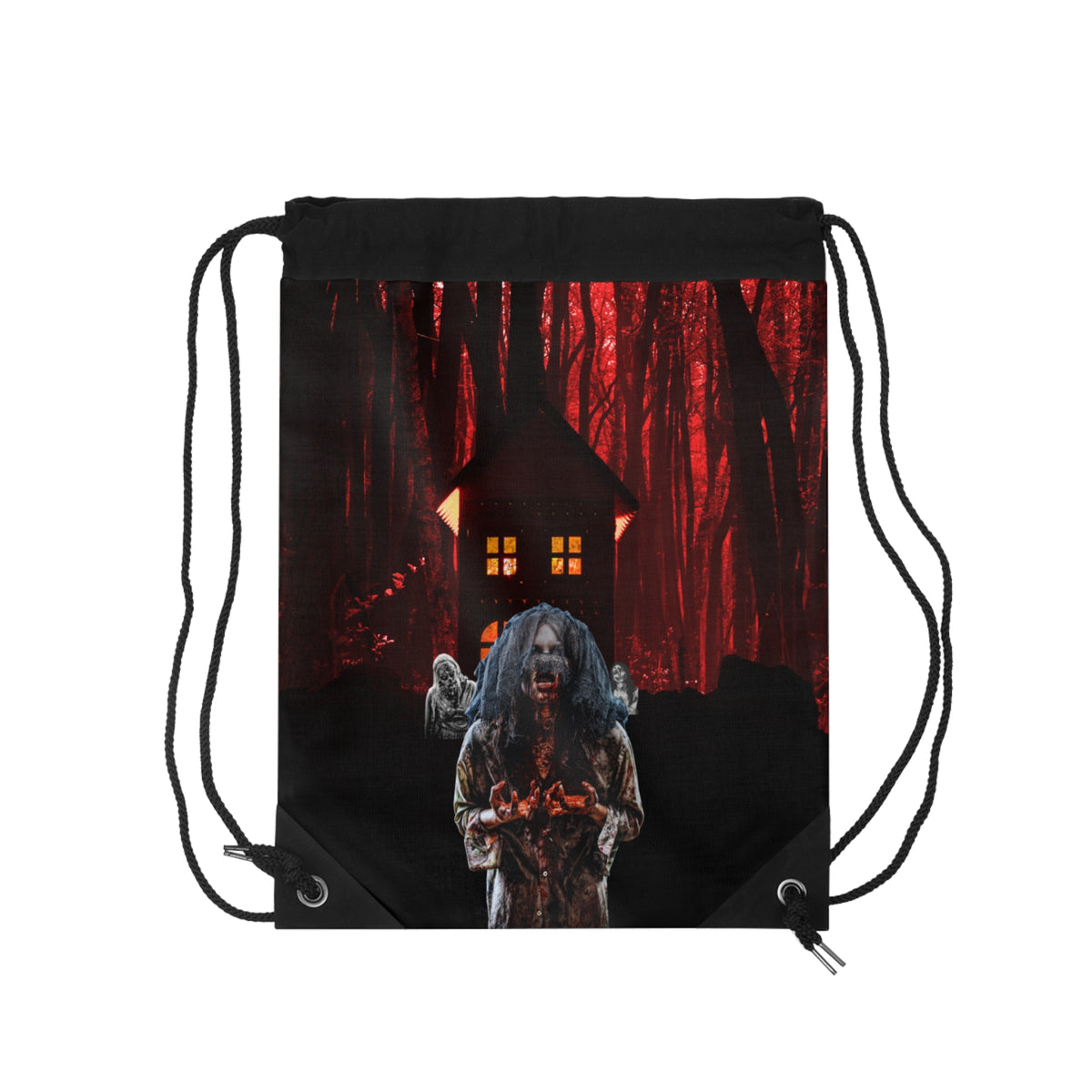 A black drawstring backpack featuring a horror-themed graphic print of a creepy house in a red-lit forest with a ghostly figure in the foreground, shown on a plain white background.