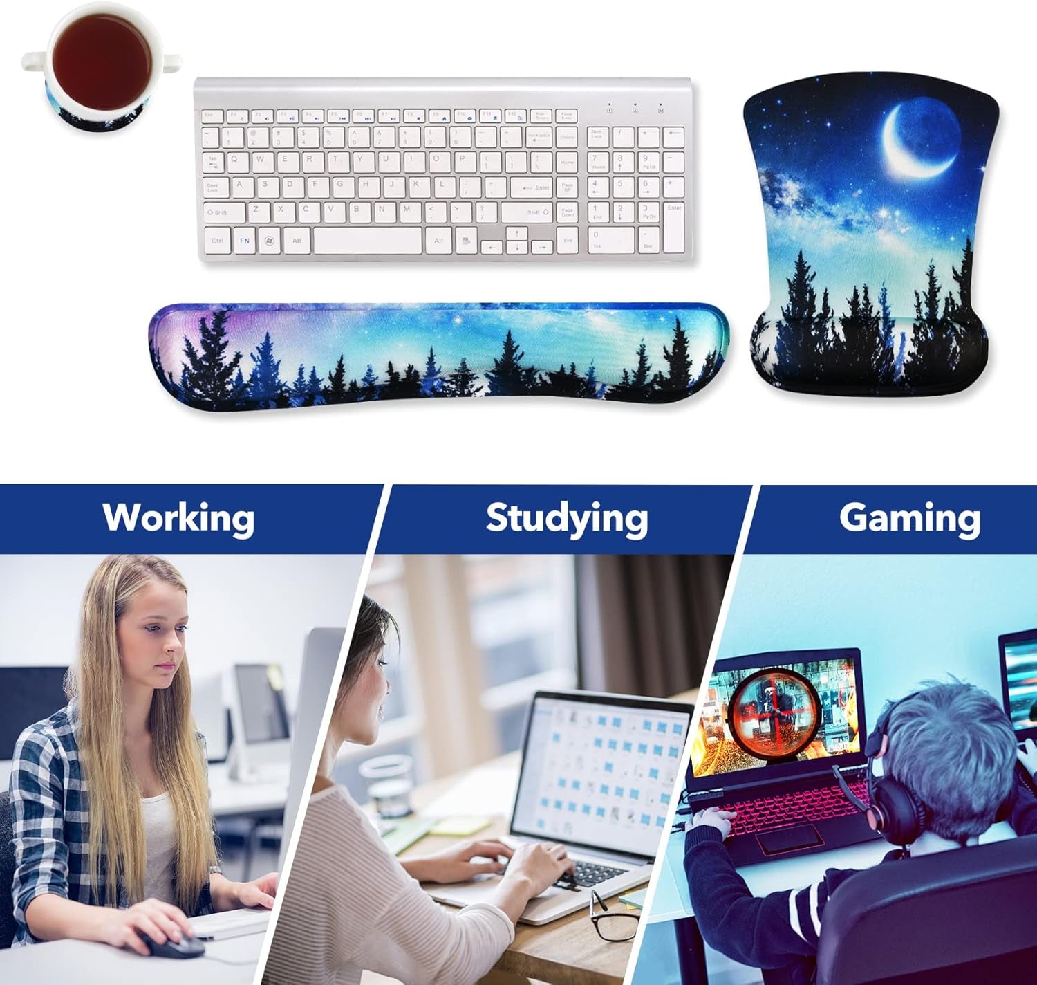 Ergonomic Keyboard Wrist Rest and Mouse Pad with Wrist Support Set, Memory Foam Non-Slip Rubber Base, for Gaming, Working, Home, Office, Easy Typing, Pain Relief, Forest Moon Sky