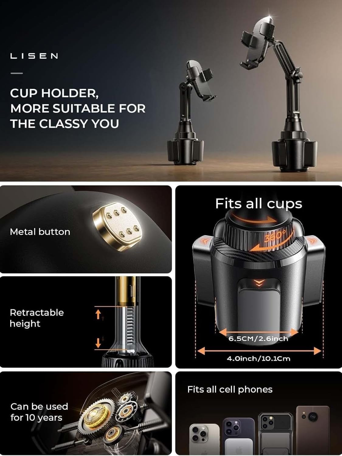 Upgraded Version Cup Phone Holder for Car 360° Adjustable Long Neck Car Phone Mount Cradle Friendly Golf Cart Phone Holder, Truck Jeep Accessories for Iphone Samsung Google and All 4-17'' Phone