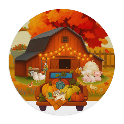 A ROUND MOUSE PAD autumn farm illustration featuring a red barn, string lights, pumpkins in a truck, sheep, pigs, ducks, and a small dog under a large orange and red tree.