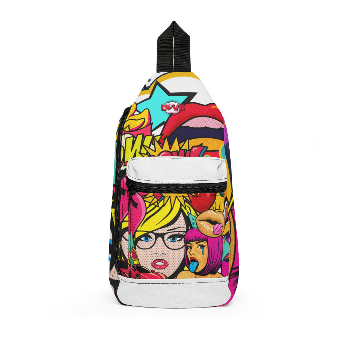 A small sling backpack with a colorful pop-art graphic print featuring cartoon characters and comic-style speech bubbles, shown against a plain white background.
