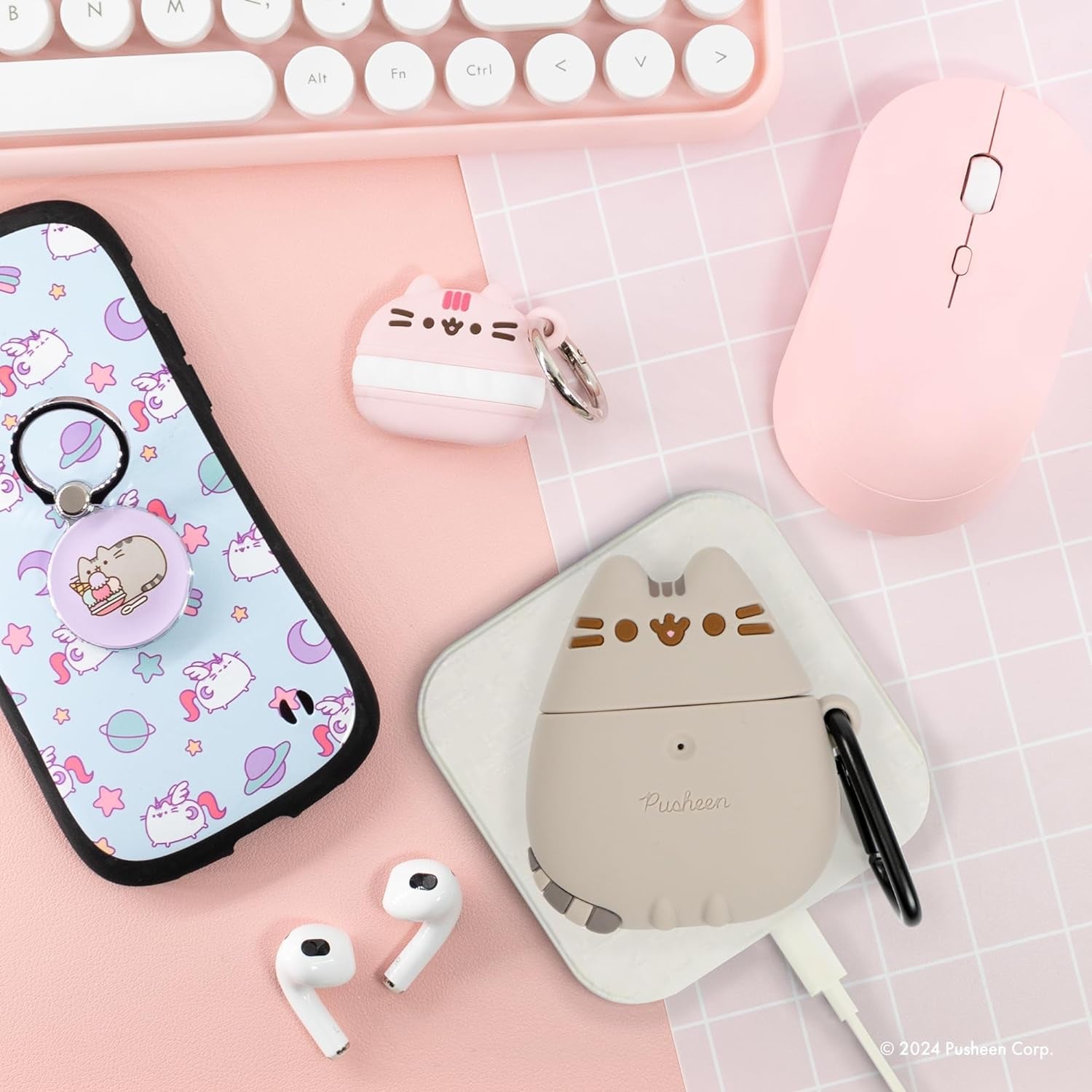 X Pusheen the Cat [ Compatible with Airpods 1/2 ] Cute Silicone Protective Cover [Carabiner Clip Included] [Wireless Charging Capable] - Standing