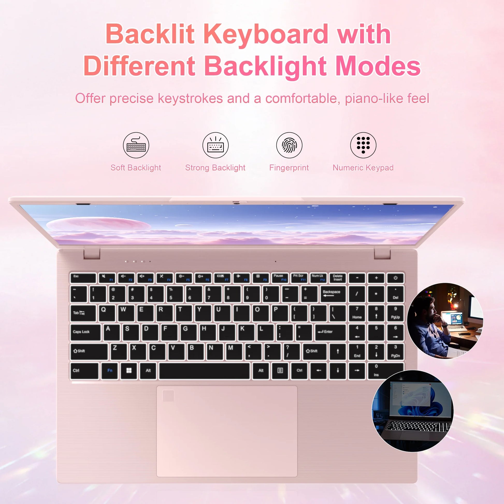 15.6" Laptop Computer, 12GB RAM 512GB SSD, FHD Display with Intel N150 (Up to 3.6Ghz), Windows 11 Pro Laptop, Fingerprint, Backlit KB, Pink