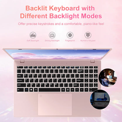 15.6" Laptop Computer, 12GB RAM 512GB SSD, FHD Display with Intel N150 (Up to 3.6Ghz), Windows 11 Pro Laptop, Fingerprint, Backlit KB, Pink