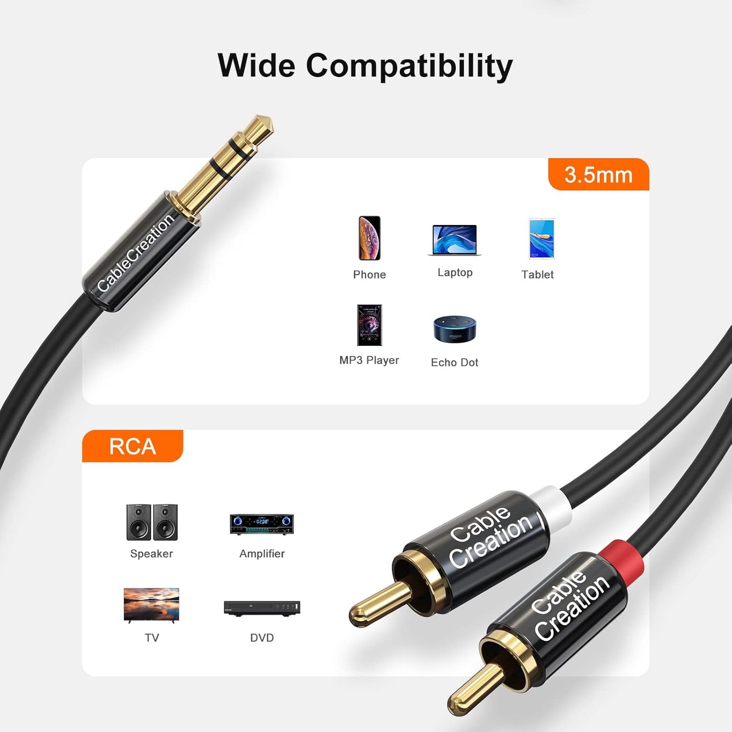 RCA Audio Cable 3.5Mm Male to 2-Male RCA Cable, Y Splitter Design Stereo Audio RCA Male Cable, 3 Meters, Black