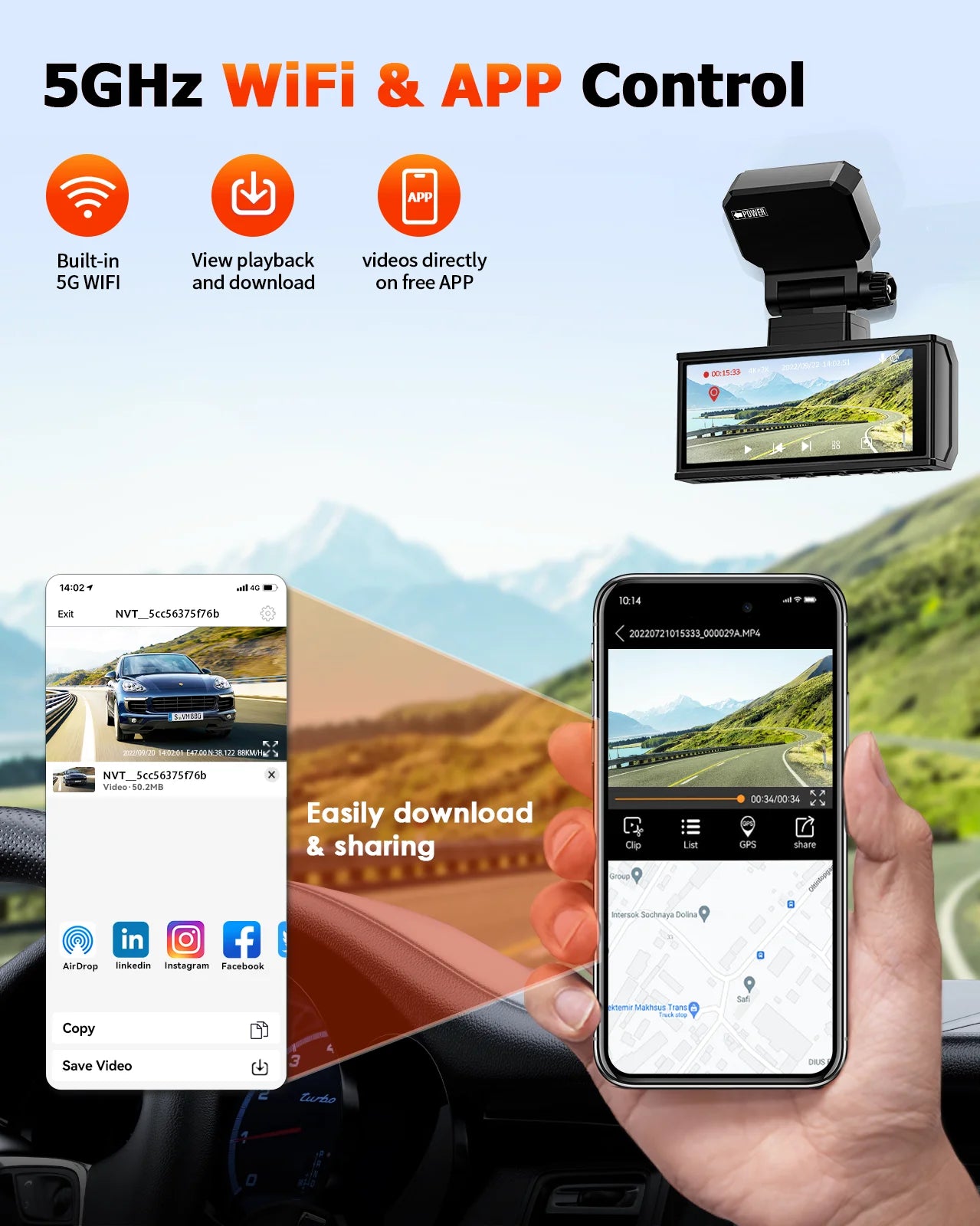 Dash Cam Front and Rear, Dual Car Camera 5Ghz Wifi with GPS, Dash Camera for Cars with 128G SD Card, G-Sensor, APP, Night Vision