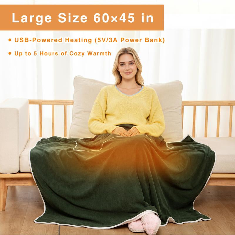 4 in 1 Portable USB Heated Blanket Pillow Shawl (No Power Bank) and Pad, 3 Heat Settings, Fast Warming for Home Office Car Travel with Built-In Heater