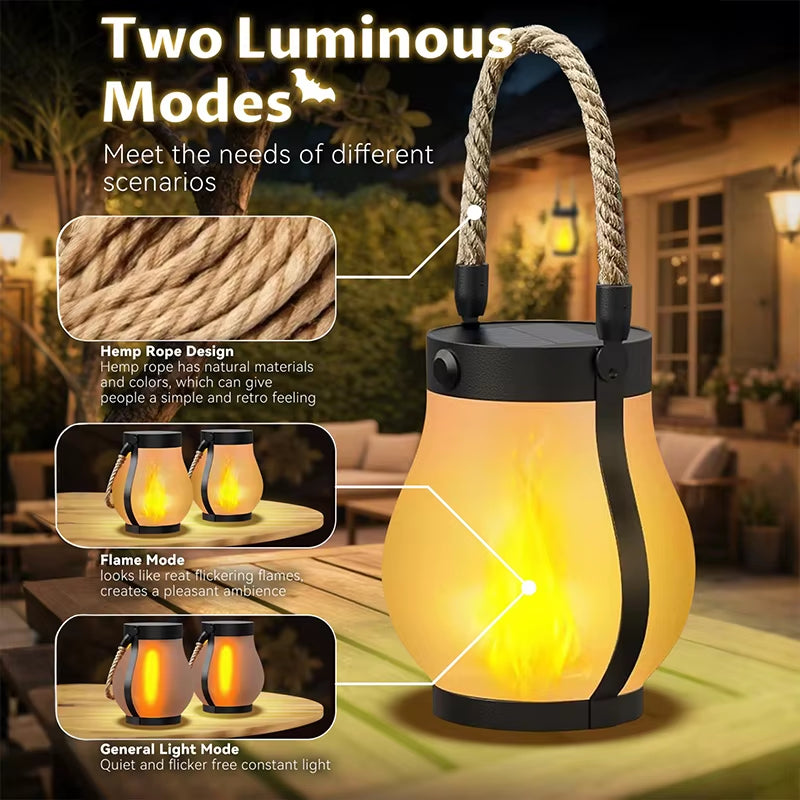 Solar Lantern Outdoor Lights Waterproof Dancing Flame Solar Lantern Hemp Rope Hanging Flame Lanterns for Garden Yard Decorations