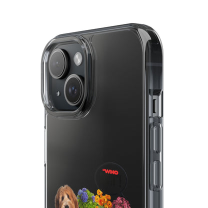 A close-up of a clear protective phone case with a raised camera bumper, fitted on a black smartphone. The case features a colorful printed graphic near the bottom showing a dog and flowers, with a red 'WHO' logo.