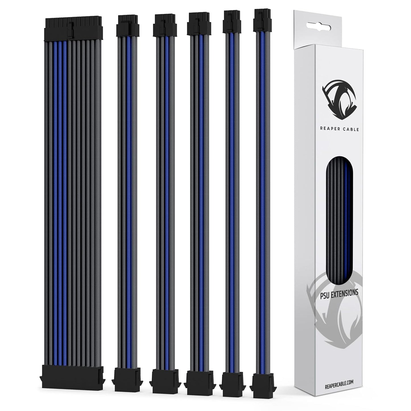 Sleeved PSU Extension Set - Power Supply Extensions - 1X 24 Pin/ 2X 8 Pin/ 2X 6 Pin/ 1X 4+4 Pin - with Combs - 30Cm (Carbon & Electric Blue)