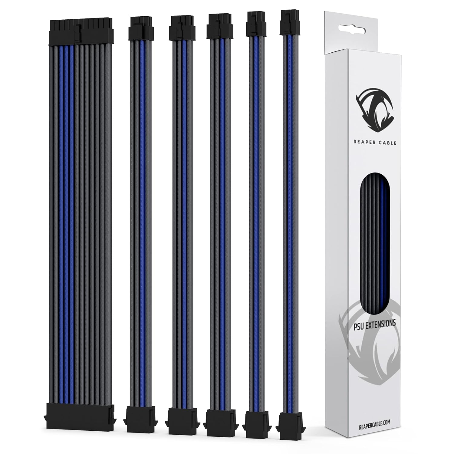 Sleeved PSU Extension Set - Power Supply Extensions - 1X 24 Pin/ 2X 8 Pin/ 2X 6 Pin/ 1X 4+4 Pin - with Combs - 30Cm (Carbon & Electric Blue)