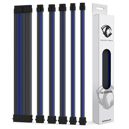 Sleeved PSU Extension Set - Power Supply Extensions - 1X 24 Pin/ 2X 8 Pin/ 2X 6 Pin/ 1X 4+4 Pin - with Combs - 30Cm (Carbon & Electric Blue)