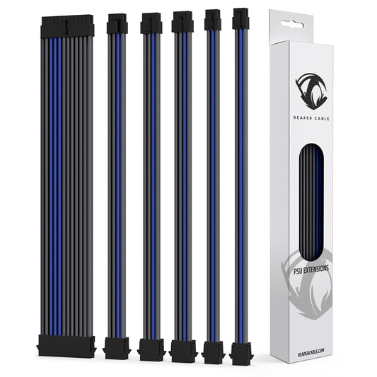 Sleeved PSU Extension Set - Power Supply Extensions - 1X 24 Pin/ 2X 8 Pin/ 2X 6 Pin/ 1X 4+4 Pin - with Combs - 30Cm (Carbon & Electric Blue)