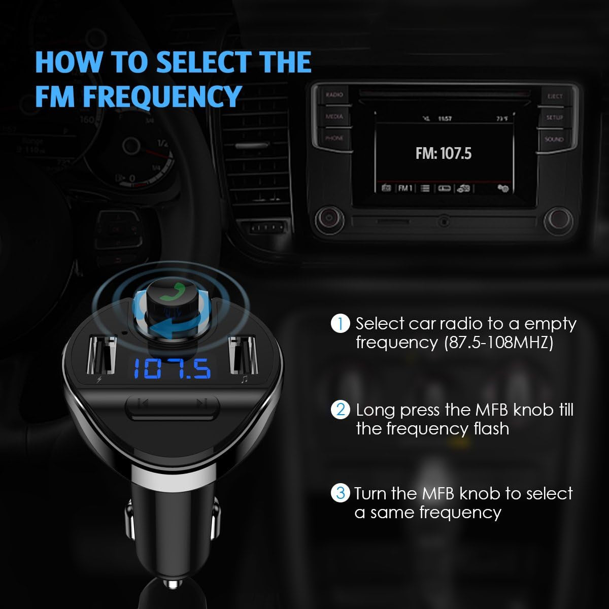 Aux Bluetooth Adapter for Car, Handsfree Call Dual Ports Charger, FM Radio Transmitter Receiver, Mp3 Audio Wireless Music Player HI-FI Stereo Sound Compatible for All Cars and Smartphone