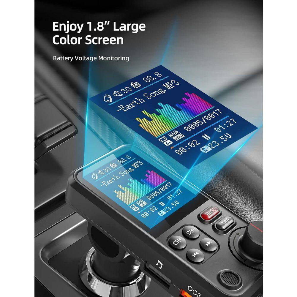 Bluetooth FM Transmitter Car Adapter with Microphone and 1.8 Screen for QC3. 0 Charging, Treble Bass Music Player