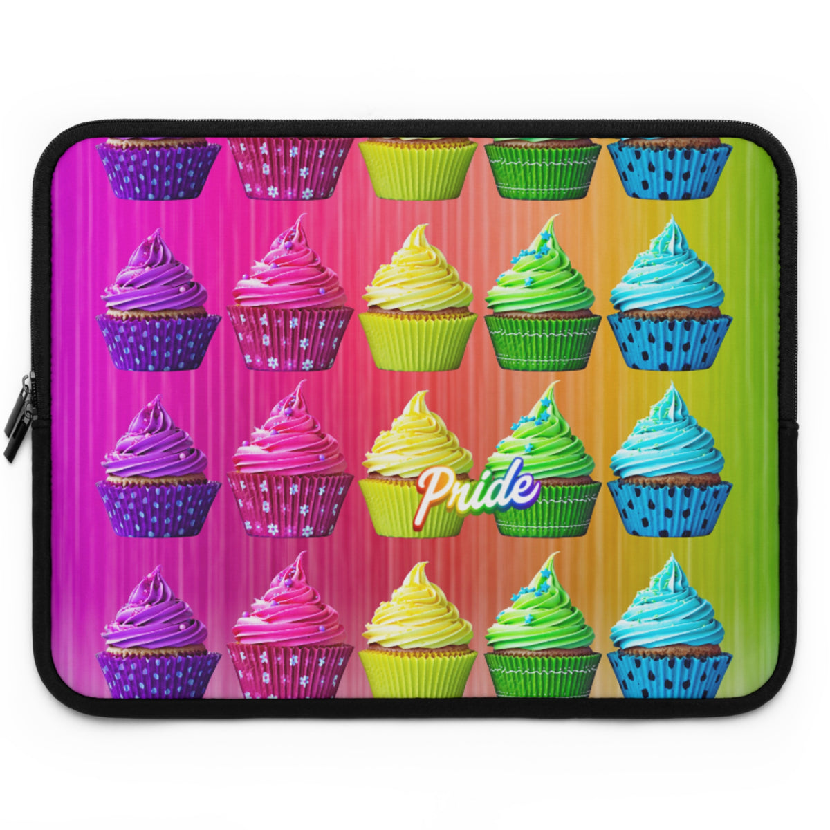 A laptop sleeve featuring a colorful grid of rainbow cupcakes on a pink-to-yellow gradient background with the word 'Pride' in the center, shown on a plain white background.