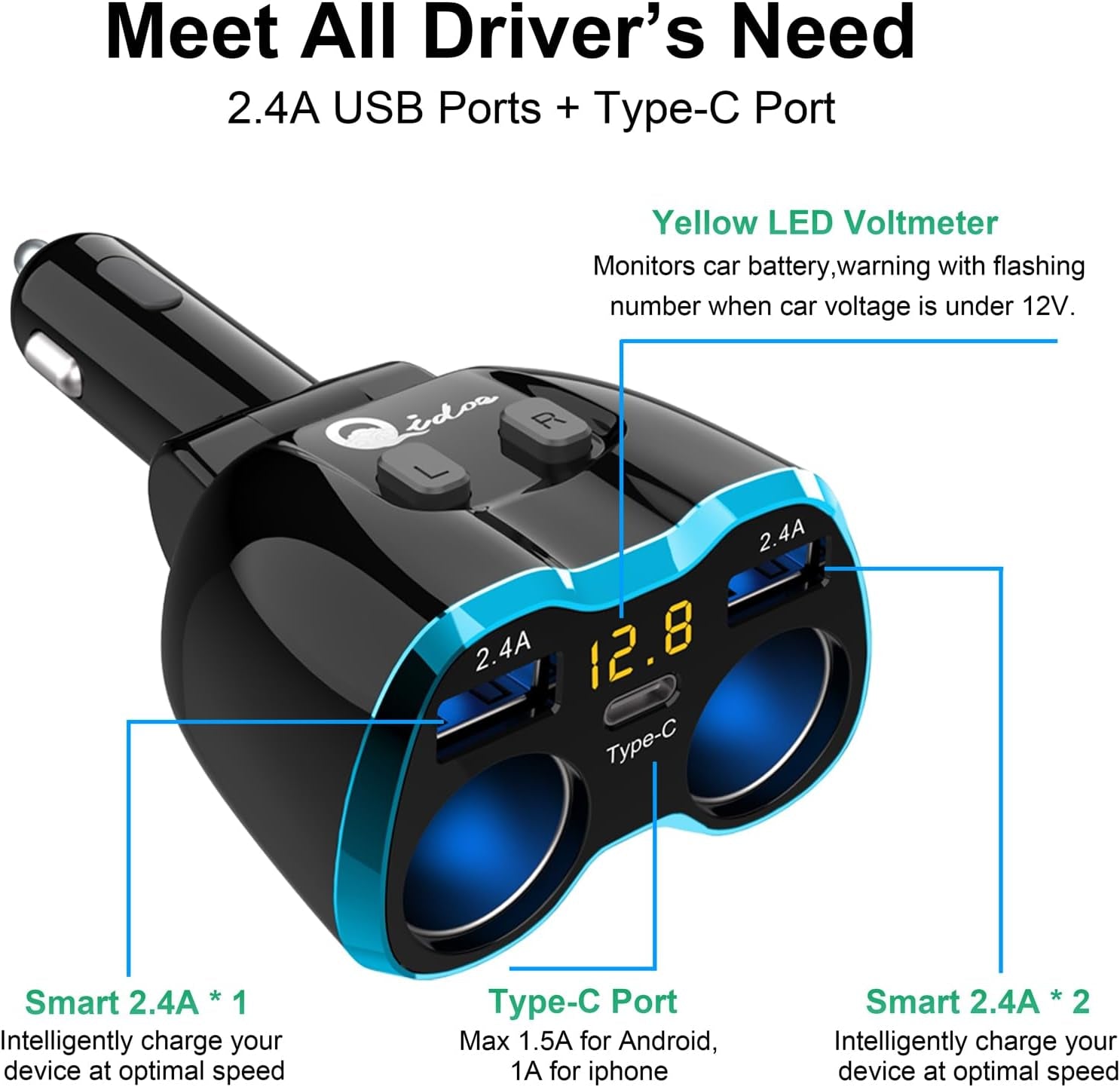 Cargador De Carro Adaptador 2 Socket 2.4A 2 Usb Coche Para Phone Tablet