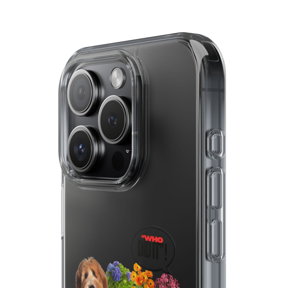 A close-up of a clear protective phone case installed on a black smartphone, showing the raised camera bumper and side button protection against a white background.