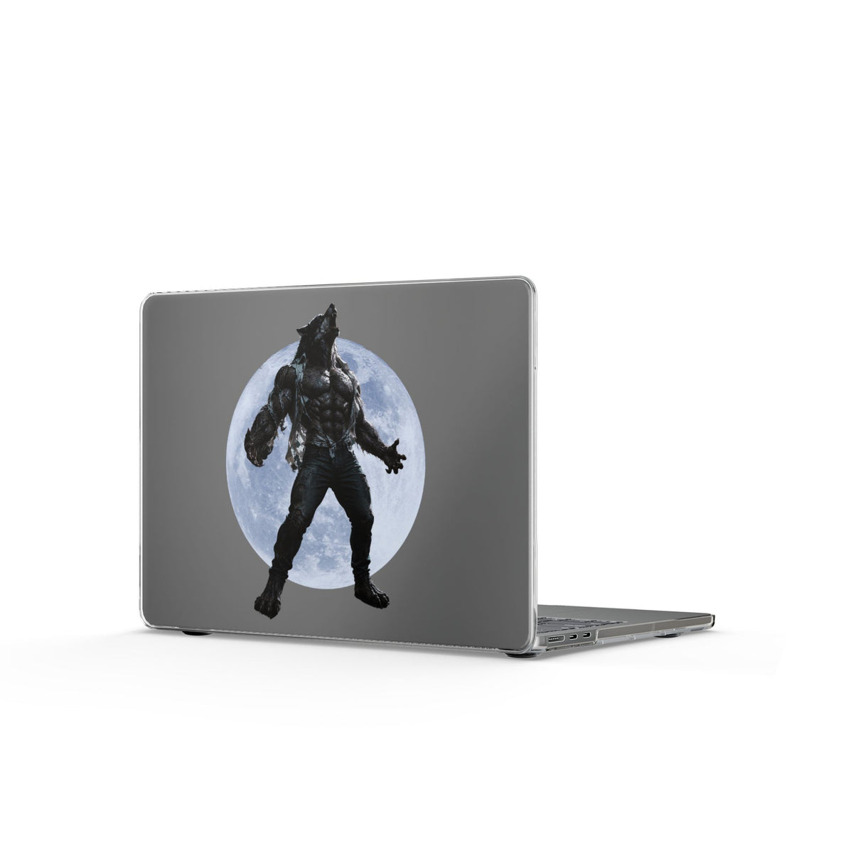 Clear laptop case compatible with MacBook laptops with a moon and a muscular wolf howling in front of the moon.