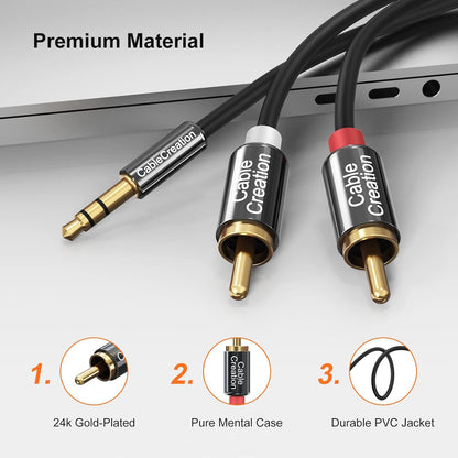 RCA Audio Cable 3.5Mm Male to 2-Male RCA Cable, Y Splitter Design Stereo Audio RCA Male Cable, 3 Meters, Black
