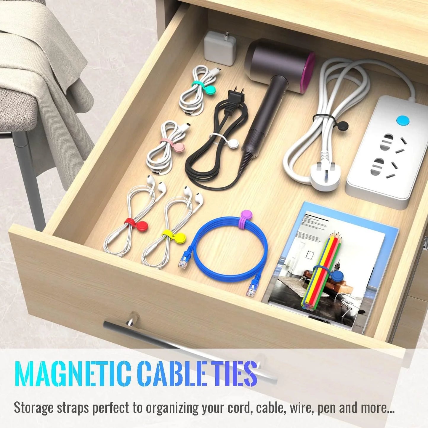 Magnetic Cable Ties 10 Pcs Reusable Cable Organizers Earbuds Cords USB Cable Manager Keeper Wrap Ties Straps for Office, School, Home Organization  Silicone