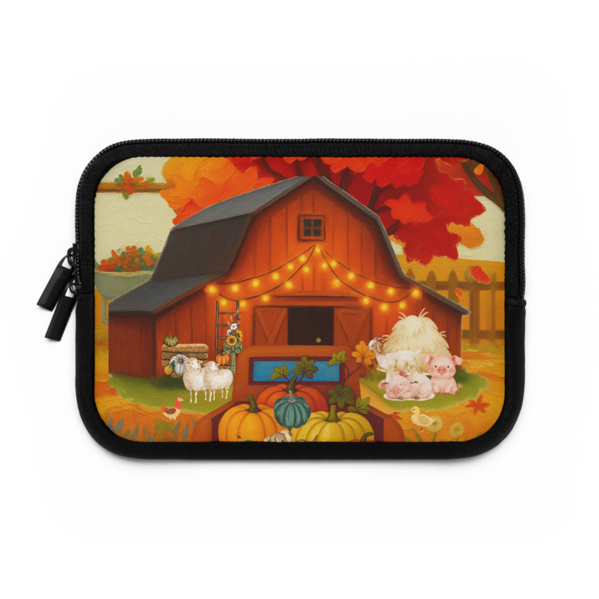A rectangular zippered pouch with rounded corners featuring a colorful autumn barn illustration. The design shows a red barn decorated with string lights, pumpkins, sheep, pigs, and fall leaves, set against a plain white background.