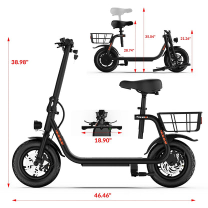 W18S 450W Motor Electric Scooter for Adults with Seat and Carry Basket, 36V 20Miles Range & 15.5Mph, 12" Foldable E Scooter for Commuting