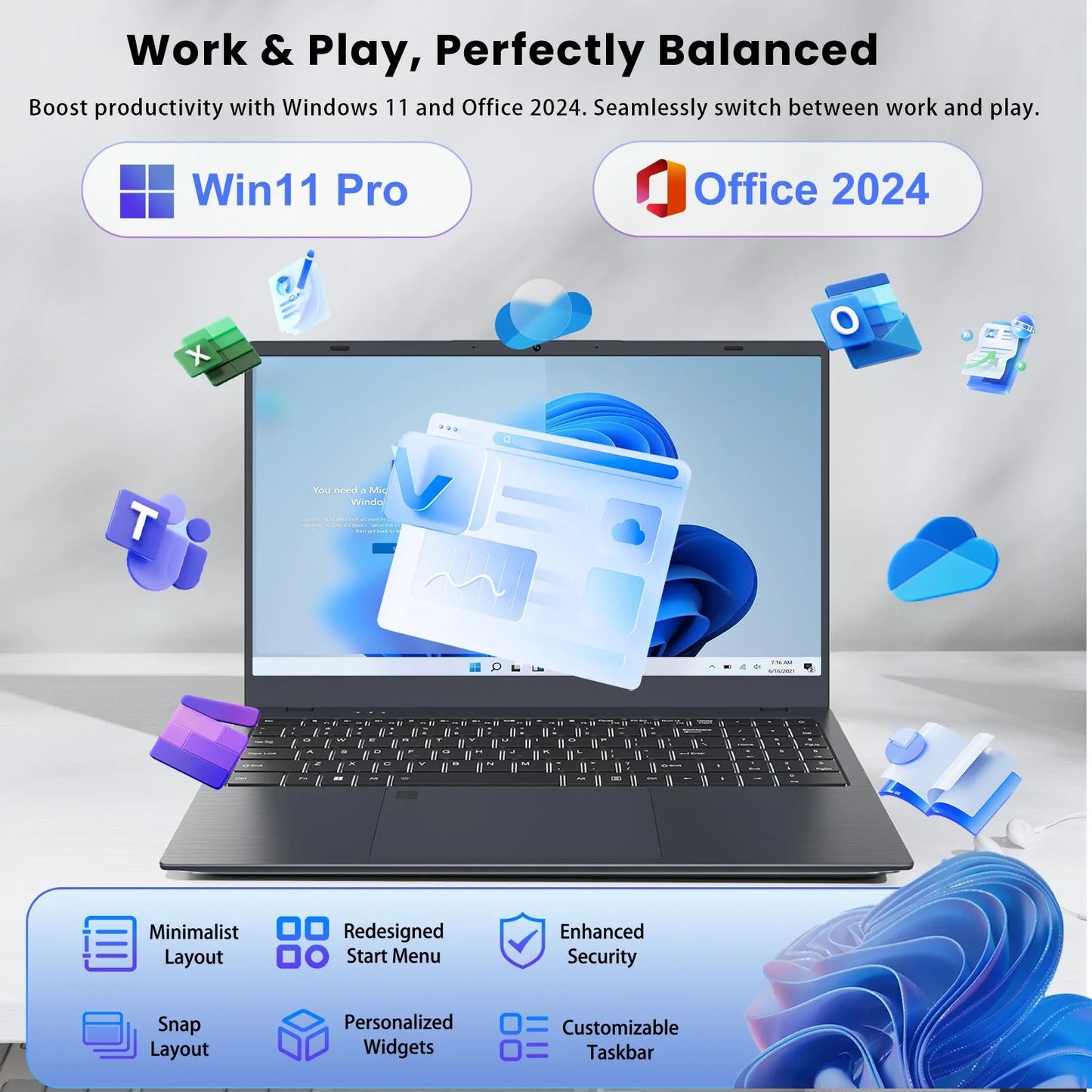 15.6" Windows 11 Pro Laptop, Intel Celeron N5095 up to 2.9Ghz 16GB RAM 512GB SSD, with Office 2024 Fingerprint Backlit Keyboard 1920*1080 IPS FHD Display for Student, Home Office, Business