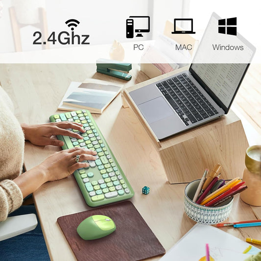 Wireless Keyboard and Mouse Combo Silent, Slim Compact 2.4G USB Full Size Wireless Mouse and Keyboard Combo, Cute 110 Keys for PC, Notebook, Macbook, Tablet, Laptop, Windows System