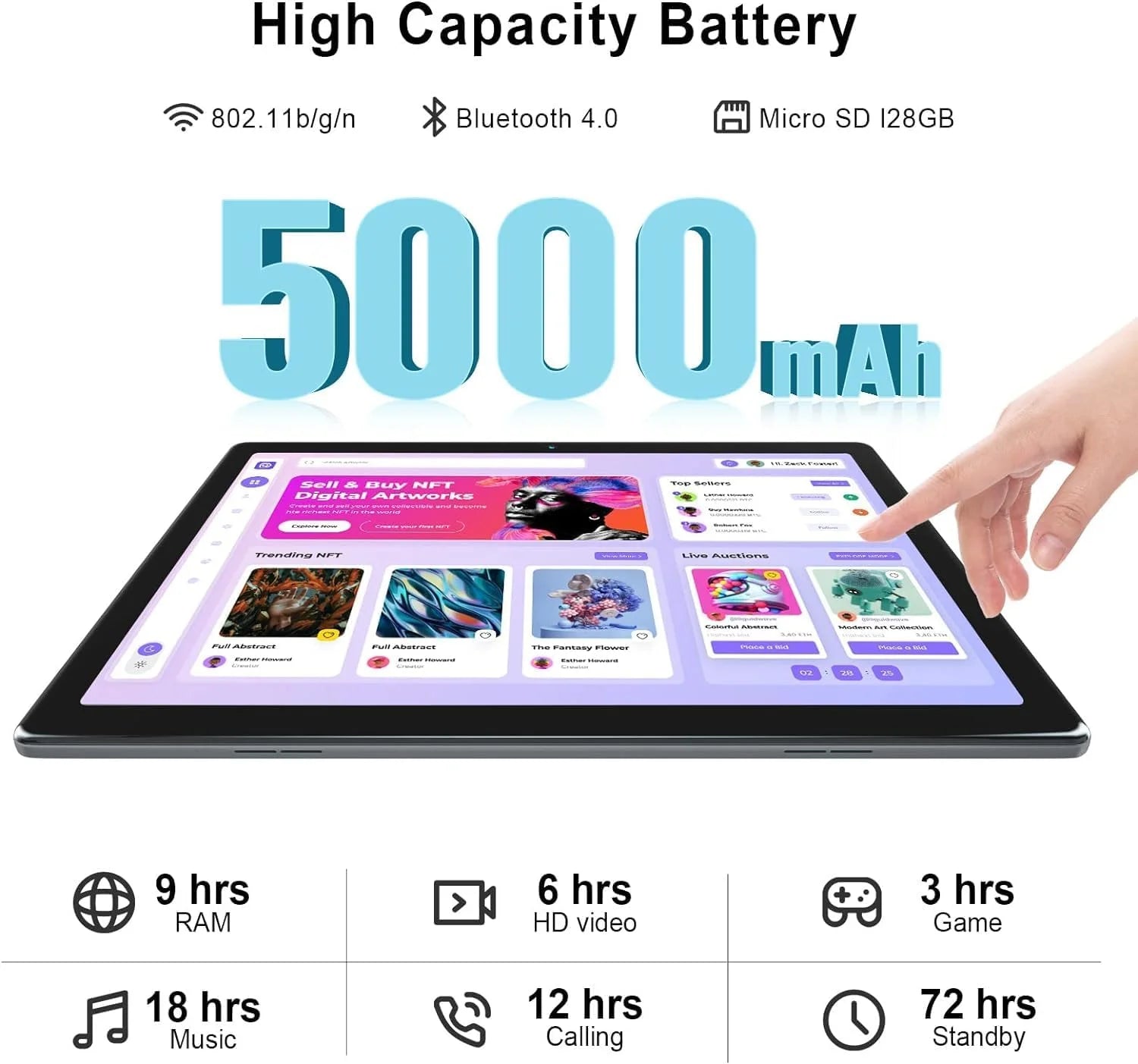 10 Inch Tablet Android 13 Tablets, Quad-Core Tablet PC, 6GB RAM, 64GB ROM, 128GB Expand, 5000Mah, 1280X800 HD Touch Screen, 5MP+8MP, Wifi, Dual Camera - Grey