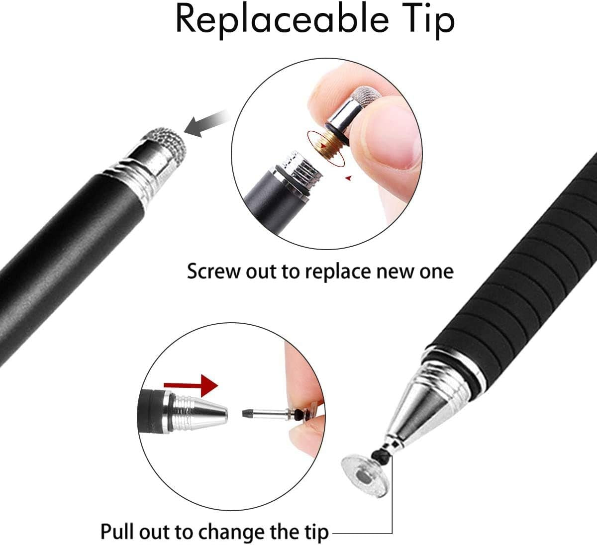 Universal Stylus,[2 in 1 Precision Series] Disc Stylus Touch Screen Pens for All Capacitive Touch Screens Cell Phones, Tablets, Laptops Bundle with 6 Replacement Tips - (2 Pcs, Black/Black)