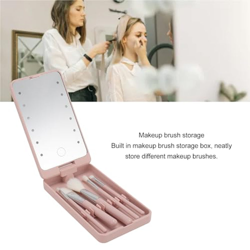 LED Makeup Mirror with Rotating and Folding Brush Set, High Clarity Cosmetic Brushes Kit with Built in Storage Compartment, Multifunctional, Suitable for Home and Travel