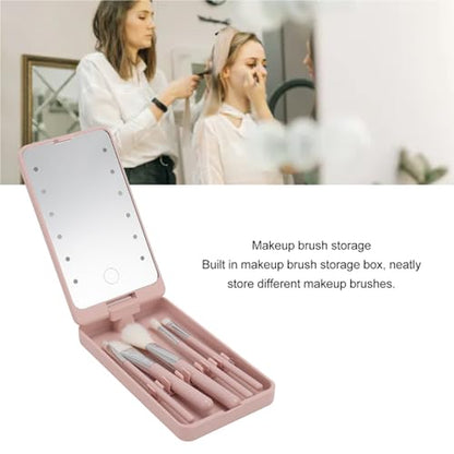 LED Makeup Mirror with Rotating and Folding Brush Set, High Clarity Cosmetic Brushes Kit with Built in Storage Compartment, Multifunctional, Suitable for Home and Travel