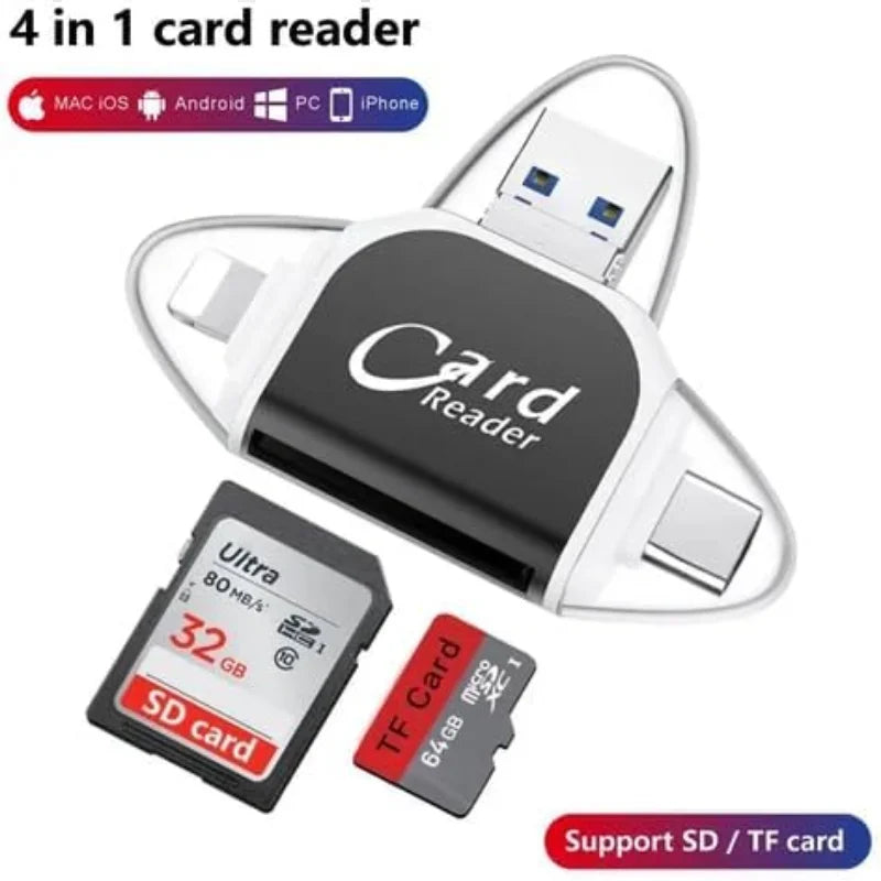 Multi-Port 4 In1 Universal SD TF Card Reader,4-In-1 Type C Camera Adapter Compatible with Iphone, Macbook Pro More USB C Devices