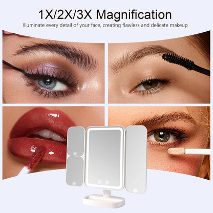 Tri-Fold Travel Vanity Makeup Mirror with 80 LED Lights and 3X/2X/1X Magnification Cosmetic Mirror White