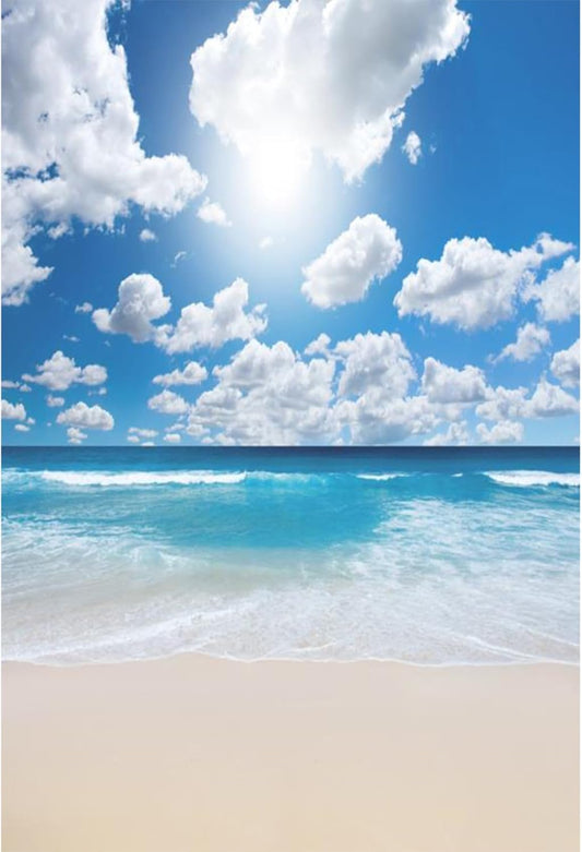 5X7Ft Seaside Beach Backdrop Blue Pure Sea Water Backdrops Blue Sky White Cloud Seaside Wedding Tropical Siesta Back Ddrop Holiday Festival Photo Shooting Props Booth Props