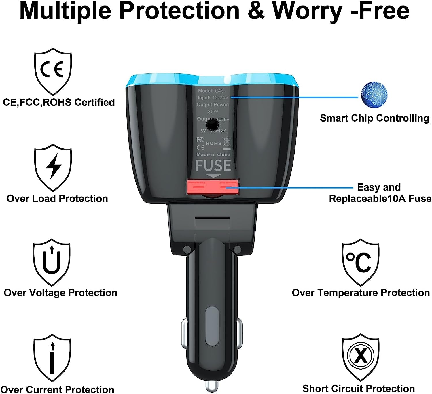 Cargador De Carro Adaptador 2 Socket 2.4A 2 Usb Coche Para Phone Tablet