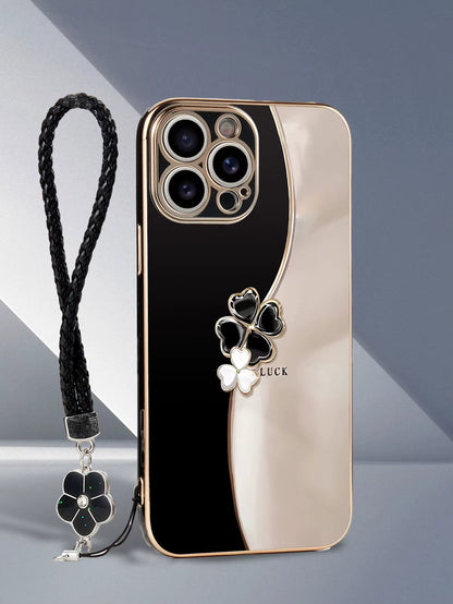 Luxury Plating Lucky Four-Leaf Clover Flower Lanyard Phone Case for Iphone 17 16 15 14 plus 13 12 11 Pro Max X XS Back Cover