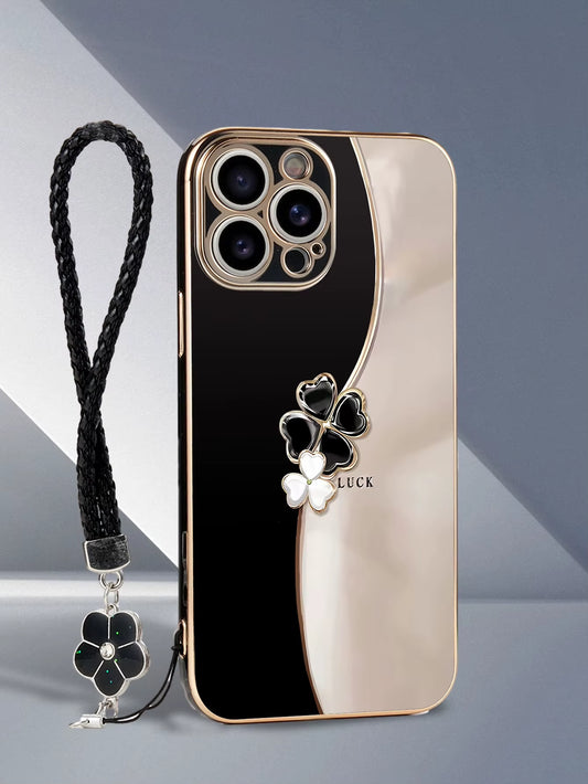 Luxury Plating Lucky Four-Leaf Clover Flower Lanyard Phone Case for Iphone 17 16 15 14 plus 13 12 11 Pro Max X XS Back Cover