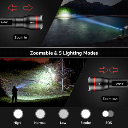 2-Packs LED Flashlights with Clip , LE2050 High Lumen, 5 Lighting Modes, Zoomable Waterproof Lightweight Flashlights for Emergencies,Camping, Powered by AAA Battery