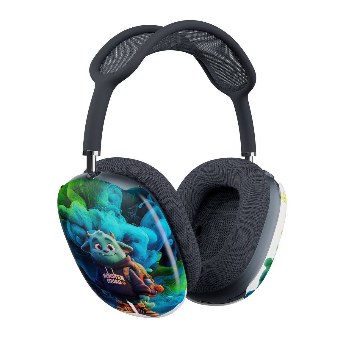 A pair of over-ear headphones with a dark gray padded headband and ear cushions, featuring a colorful printed graphic on the left ear cup showing a cartoon SMOKE scene with the text 'MONSTER SQUAD'.