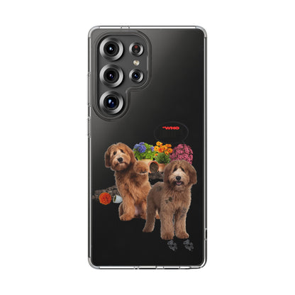 A clear protective phone case with a printed graphic of two brown dogs, colorful flowers, and a small red 'WHO' logo, shown on a black smartphone against a white background.