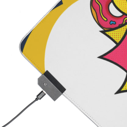 Close-up of a white mouse pad with a colorful comic-style graphic and a black USB charging port attached, on a white background.