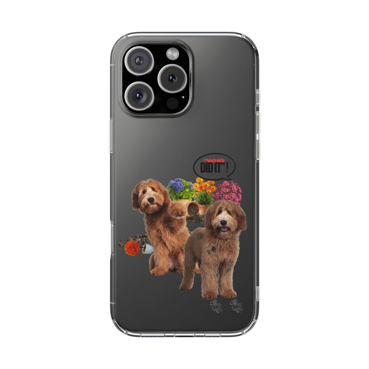 A clear protective phone case for an Phone, featuring a printed graphic of two brown dogs, colorful flowers, and a small 'DO NOT DISTURB' sign on a dark gray phone back.