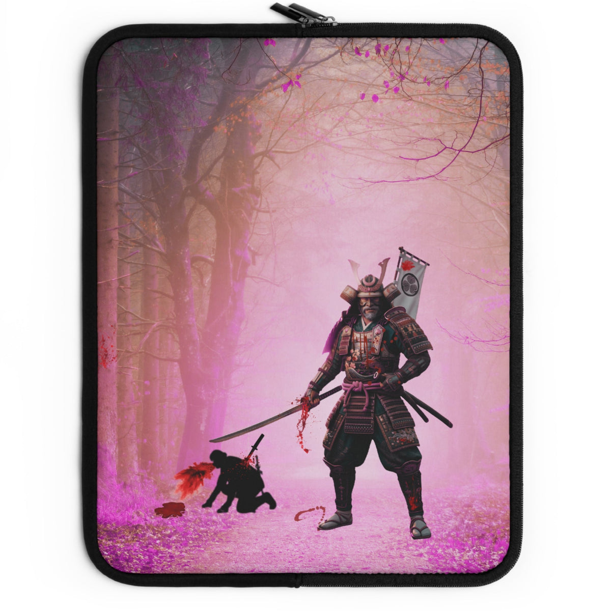 A laptop sleeve featuring a graphic print of a samurai warrior floating above a pink-toned forest with cherry blossom branches. The sleeve has a black border and a zipper on the left side.