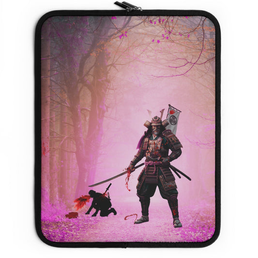 A laptop sleeve featuring a graphic print of a samurai warrior floating above a pink-toned forest with cherry blossom branches. The sleeve has a black border and a zipper on the left side.